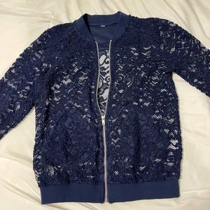 Navy blue lace bomber jacket.